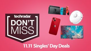 Nintendo Switch, iPhone 13, Samsung TV, Roborock S7 auf rosafarbenem Hintergrund mit den Worten 11.11 Singles' Day Deals u7nd don't miss.