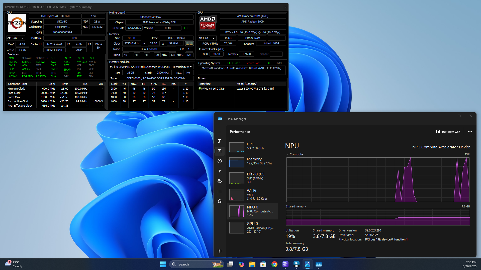 HWInfo and Task Manager showing NPU usage on the Geekom A9 Max
