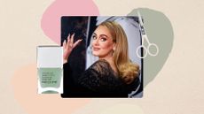 a beige background containing an image of Adele in a black dress, looking backwards at the camera and waving with long, neutral nails, next to an image of nails inc nail kale and a pink pair of nail scissors