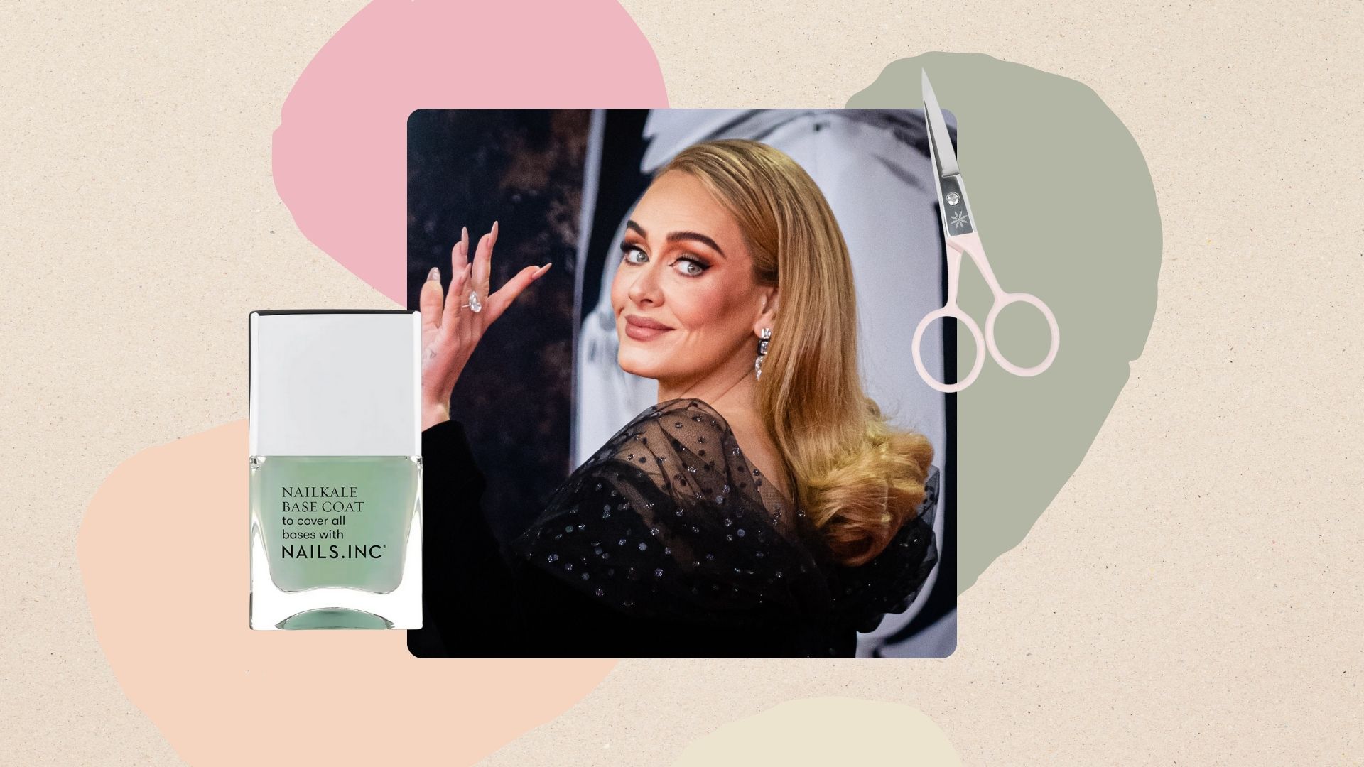 a beige background containing an image of Adele in a black dress, looking backwards at the camera and waving with long, neutral nails, next to an image of nails inc nail kale and a pink pair of nail scissors