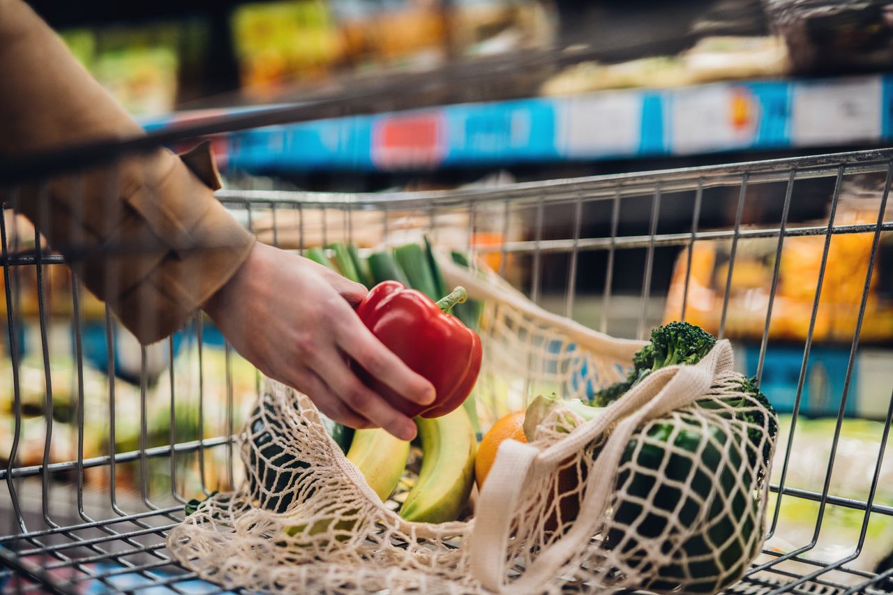 Shopping basket holding food items