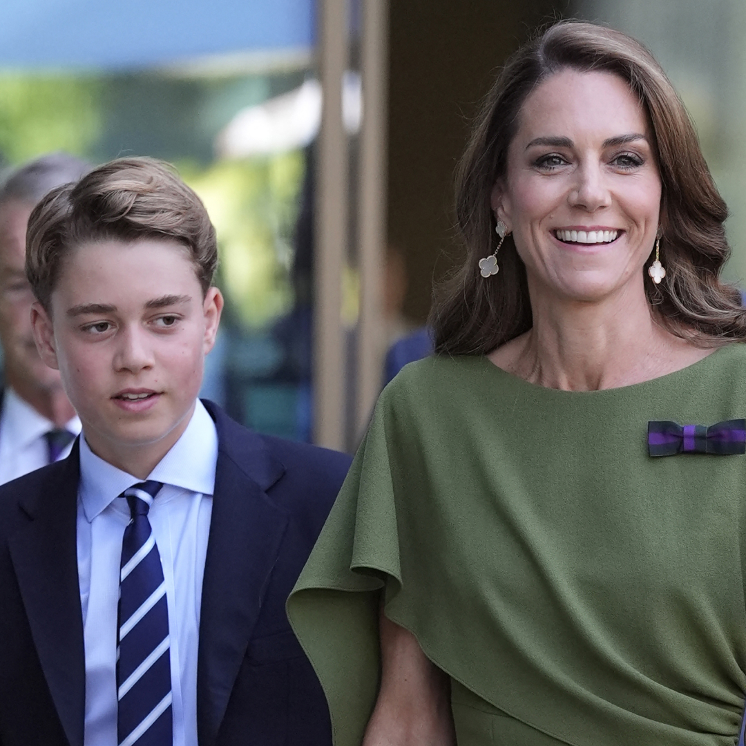 Prince George wears a navy suit with a light blue shirt and striped tie and has light brown hair, while his mom Princess Kate wears an olive green dress