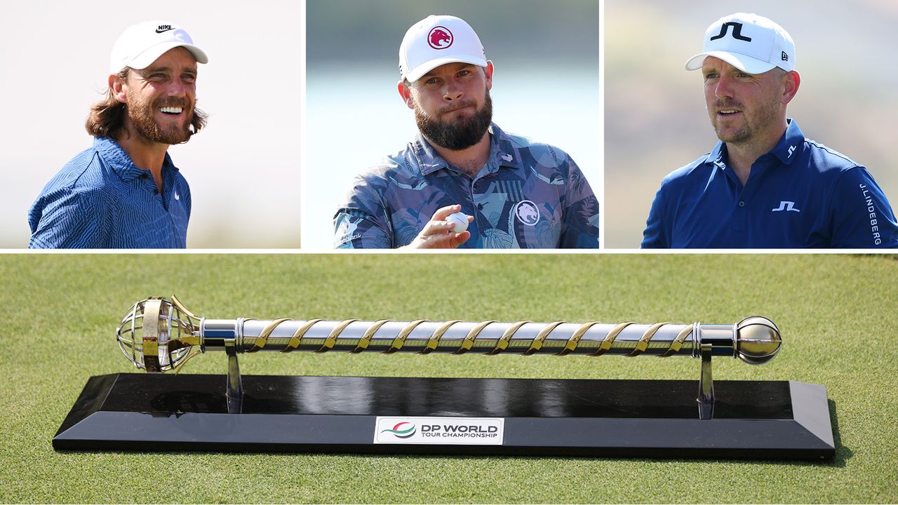 (top left) Tommy Fleetwood smiles, (top middle) Tyrrell Hatton acknowledges the crowd, (top right) Matt Wallace looks on, (lower) DP World Tour Championship staff