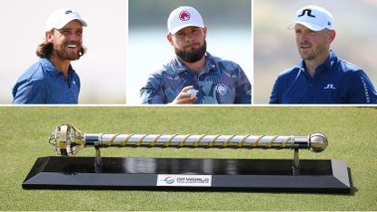 (top left) Tommy Fleetwood smiles, (top middle) Tyrrell Hatton acknowledges the crowd, (top right) Matt Wallace looks on, (lower) DP World Tour Championship staff