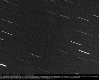 The asteroid 2014 DX110 is seen as a point of light in this image from the Virtual Telescope Project in Ceccano, Italy, captured on March 3, 2014.