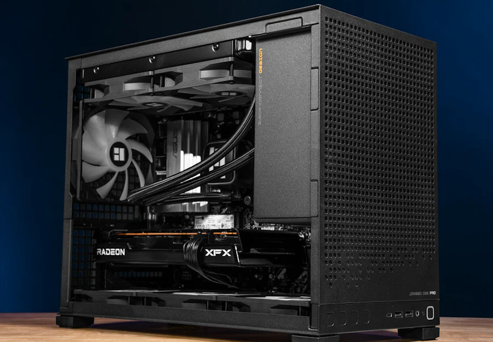 Steamroller gaming PC case open, showing GPU and components inside