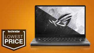 Asus ROG Zephyrus G14 gaming laptop on an orange background, with a TechRadar 'Lowest Price' badge.