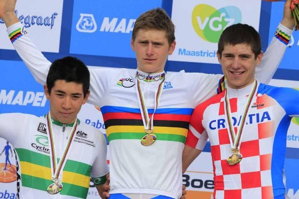 The podium: Caleb Ewan (Australia), Matej Mohoric (Slovenia) and Josip Rumac (Croatia)