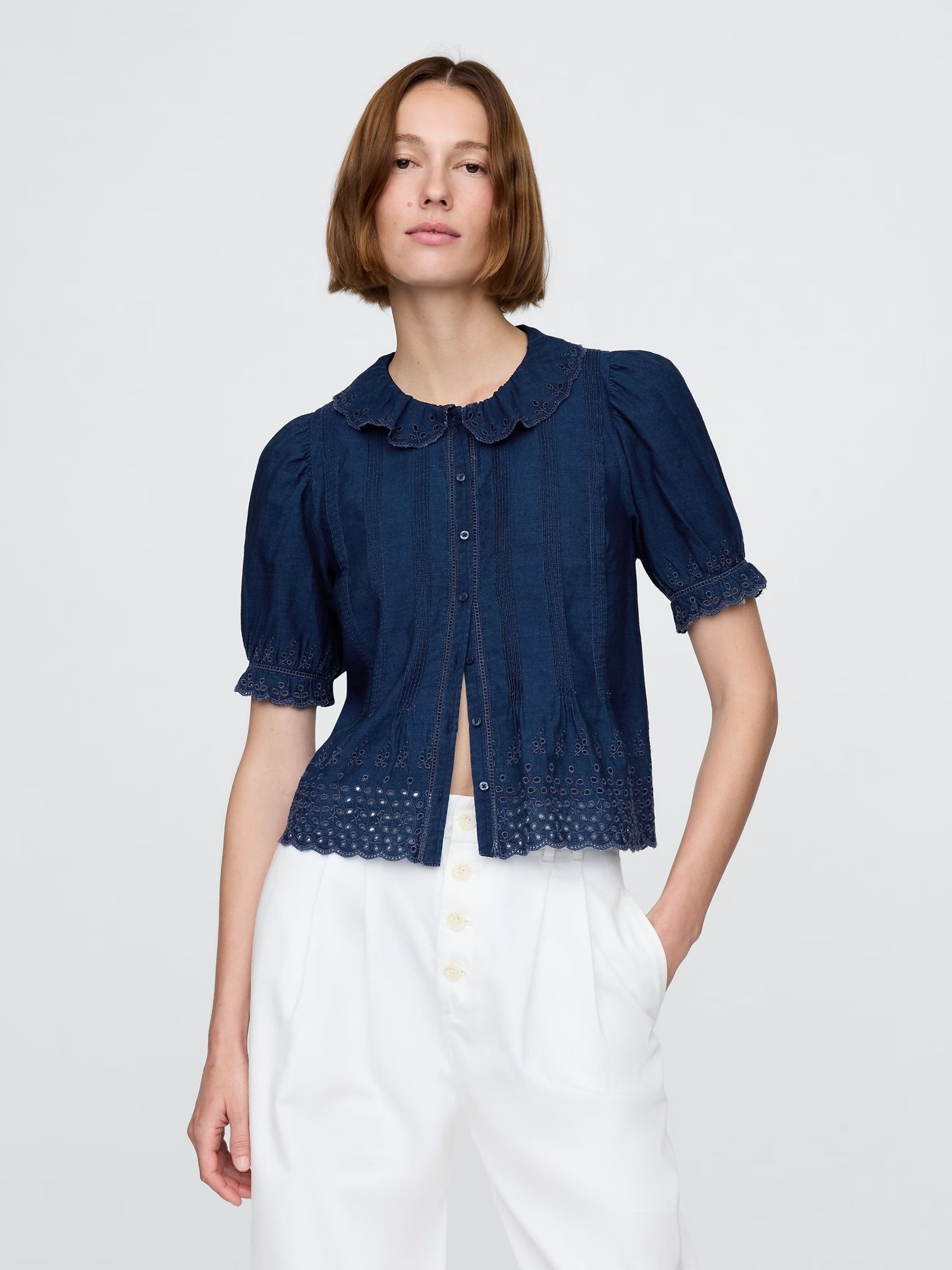 Navy DÔen Eyelet Short Sleeve Shirt