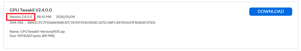 Download interface for GPU Tweak II version 2.4.0.0, showing file details and a prominent download button.
