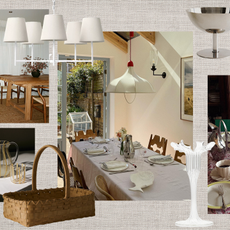 home decor collage featuring chic British and European dining room inspiration, a linen shade chandelier, woven basket, glass candle stick holder, and metal cup