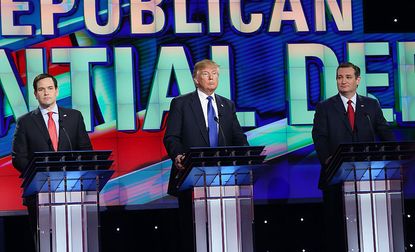 Republican presidential candidates Marco Rubio, Donald Trump, and Ted Cruz