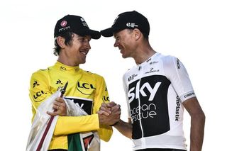 Geraint Thomas and Chris Froome on the 2018 Tour de France podium