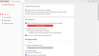 AnyDesk's settings menu for security and permissions