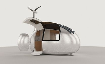 Helicopter shaped capsule with interior furniture