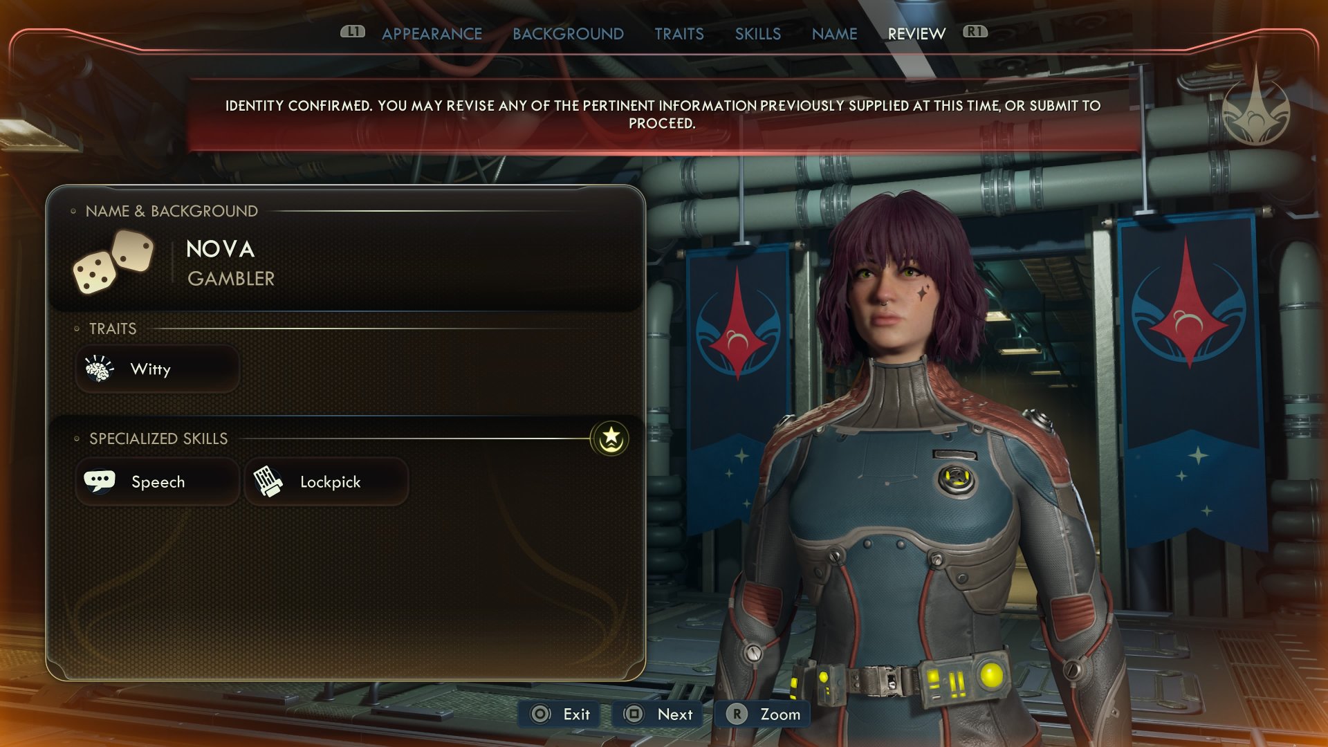 The Outer Worlds 2 screenshot of the character creator suite which shows a summary of the custom protagonist who has the Gambler background, Witty trait, and Speech and Lockpick skills