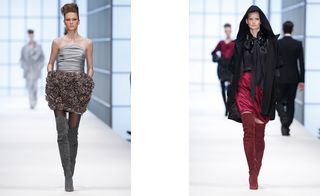 1 Model wore grey dress, grey boots and 1 model wore black top, maroon skirt, maroon boots