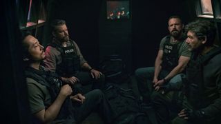 (L to R) Steven Yeun as Detective Mike Ro, Matt Damon as Lieutenant Dane Dumars, Ben Affleck as Detective Sergeant J.D. Byrne, and Kyle Chandler as DEA Agent Mateo 'Matty' Nix in The Rip.