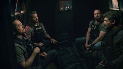 (L to R) Steven Yeun as Detective Mike Ro, Matt Damon as Lieutenant Dane Dumars, Ben Affleck as Detective Sergeant J.D. Byrne, and Kyle Chandler as DEA Agent Mateo 'Matty' Nix in The Rip.