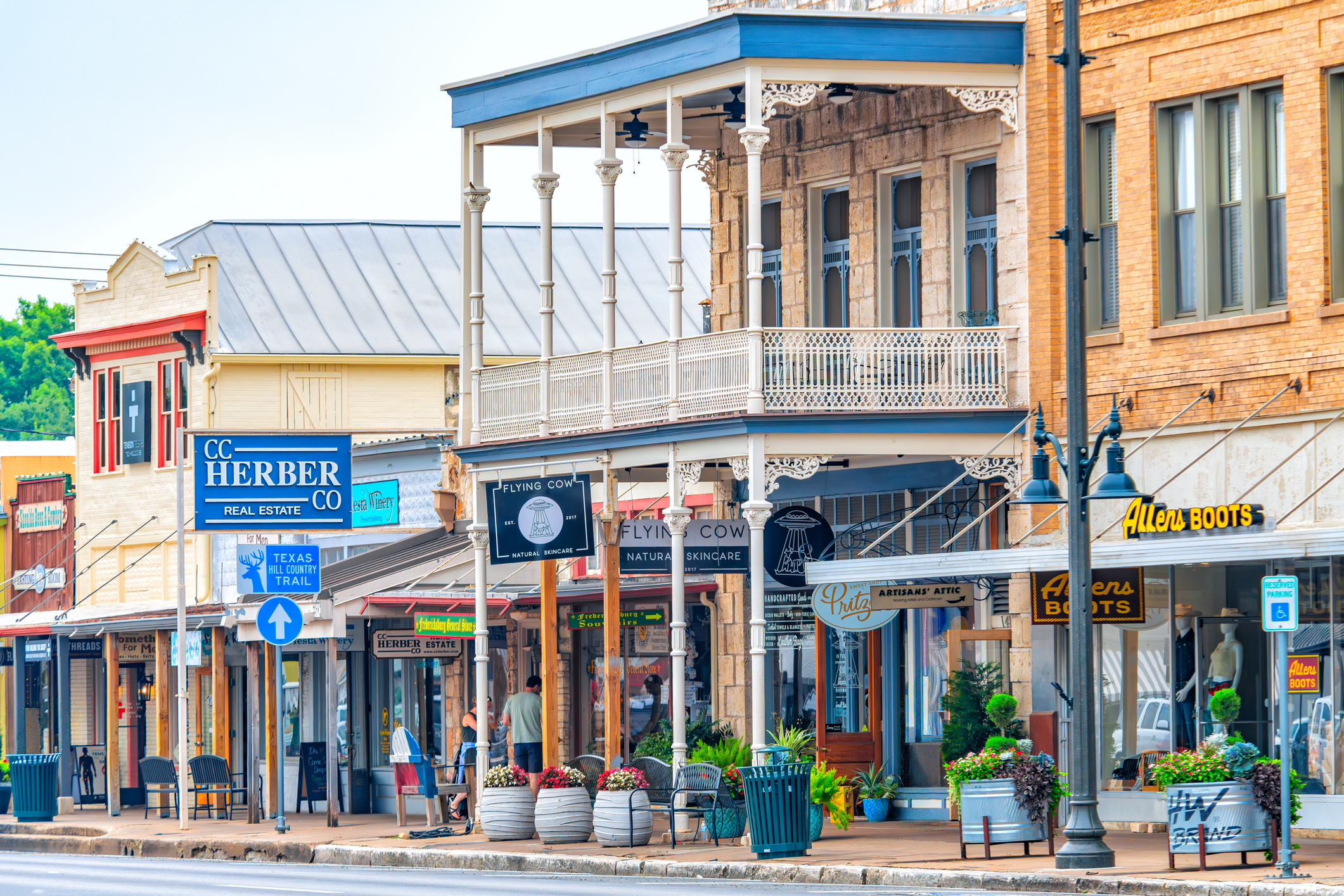 The shops in old historic buildings along Main Street through Fredericksburg, Texas.