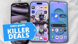 Home screens on a Pixel 10 Pro, iPhone 17, Galaxy S25 Plus