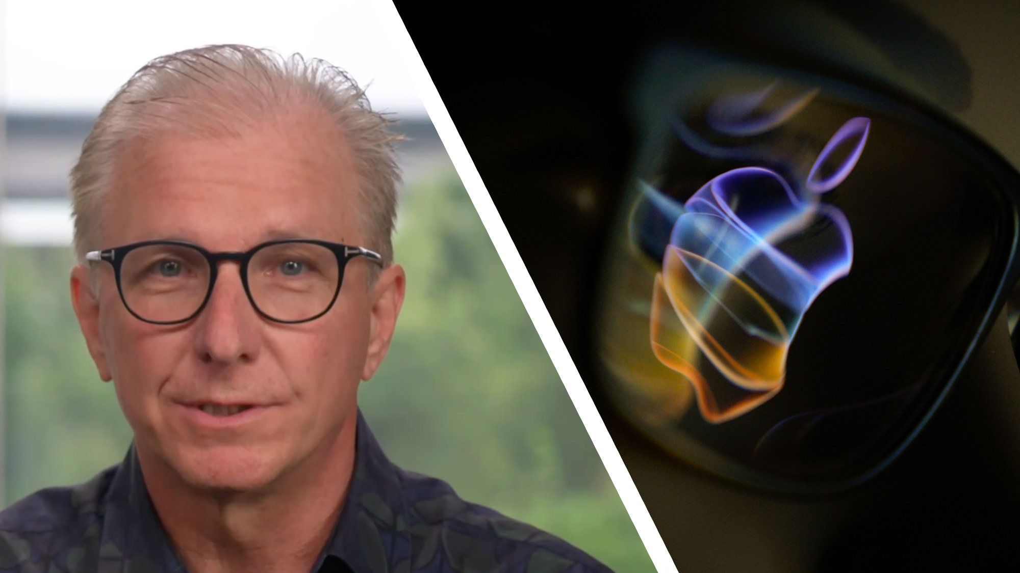 A photo of Apple's Greg Joswiak next to a mocked up pair of Apple smart glasses