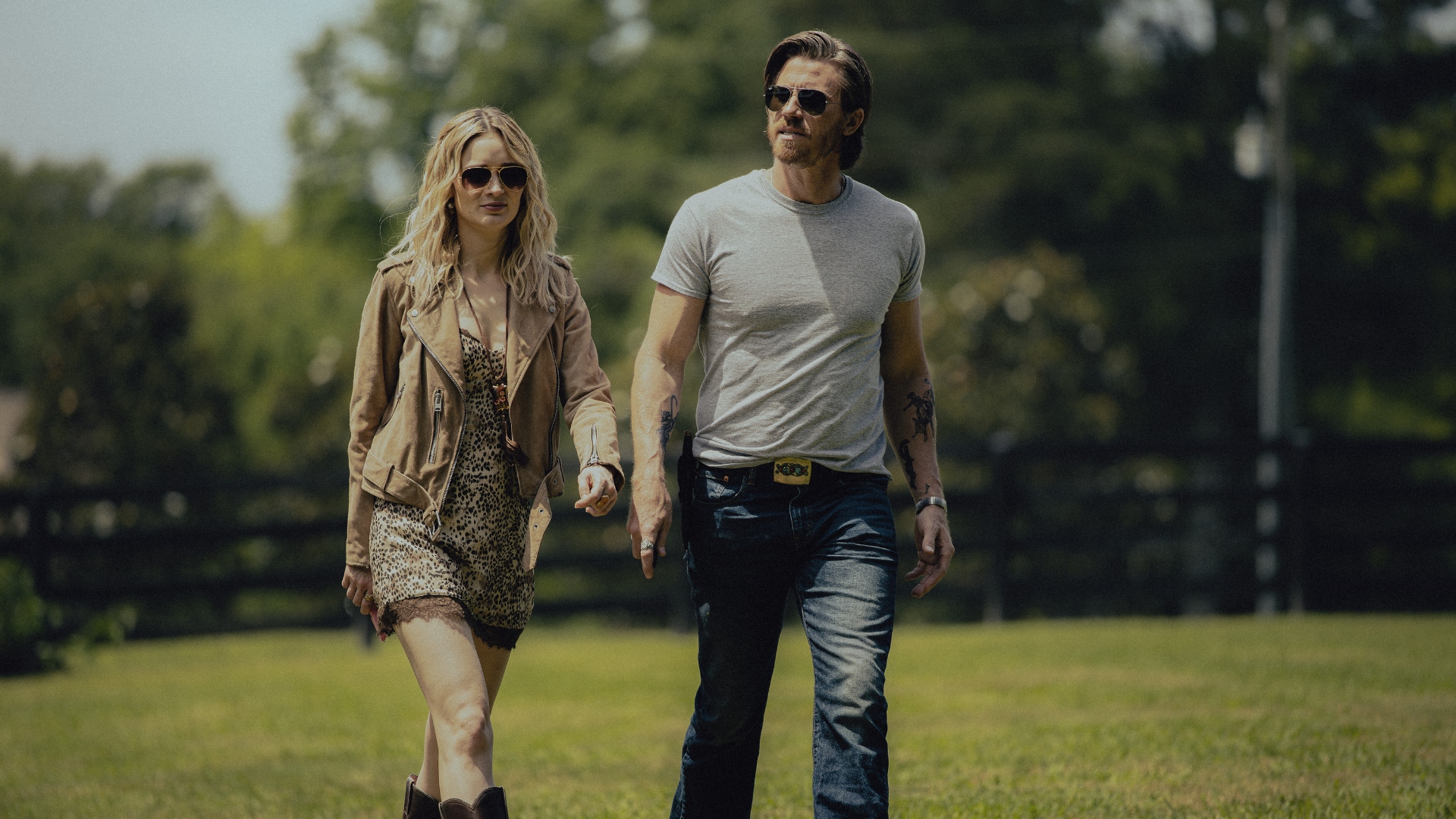 Cleo and Mitch walk together in Tulsa King season 3