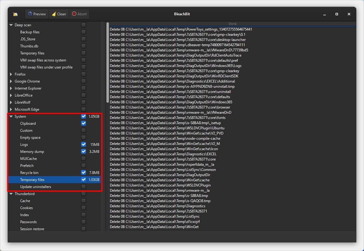 BleachBit with recommended settings selected.