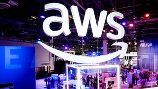 AWS logo and branding pictured in the exhibitor hall at AWS re;Invent 2022 in Las Vegas, USA.