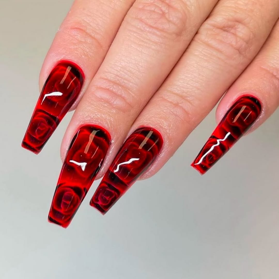 long red rose coffin nails