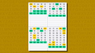 Quordle daily sequence answers for game 765 on a yellow background