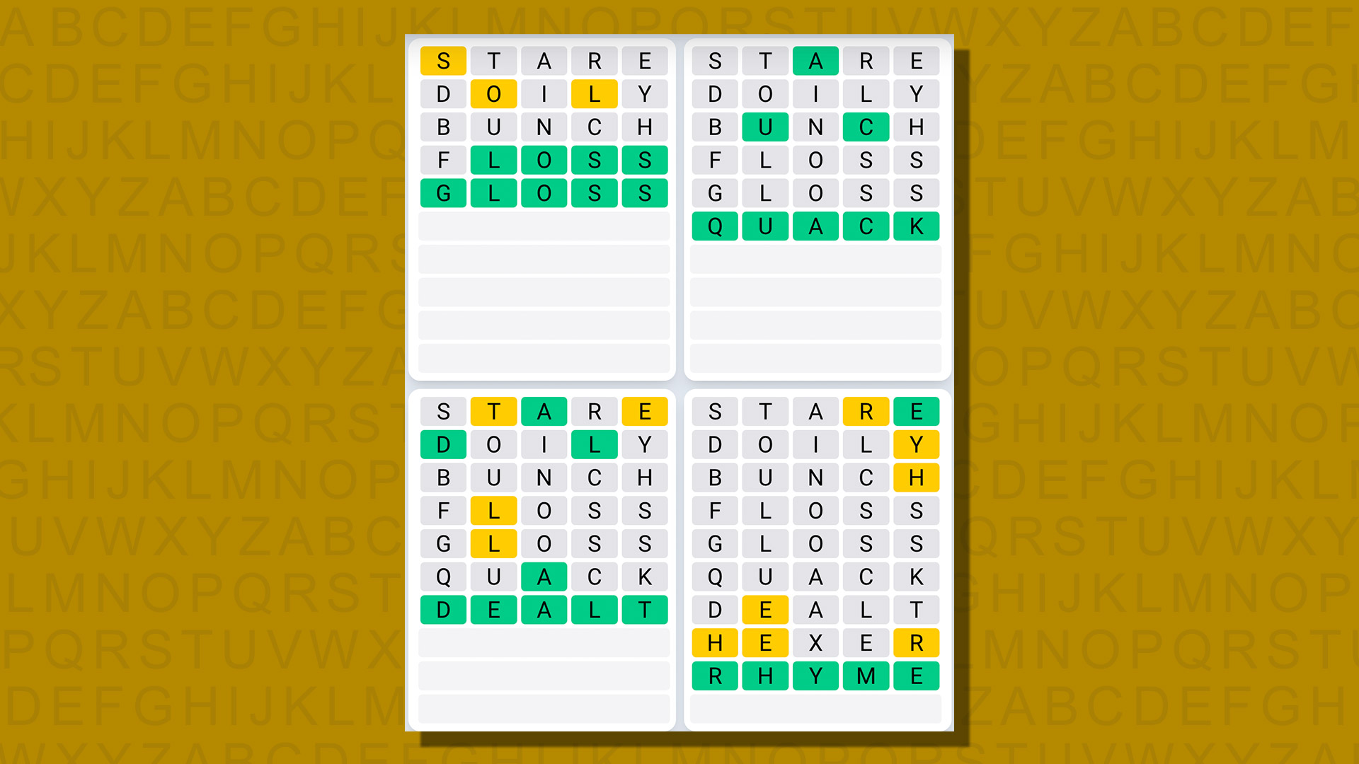 Respuestas de secuencia diaria de Quordle para el juego 765 sobre un fondo amarillo