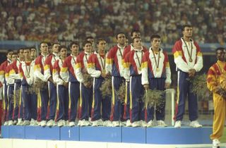 Spain players receive their gold medals after winning the men's football tournament at the 1992 Olympics in Barcelona.
