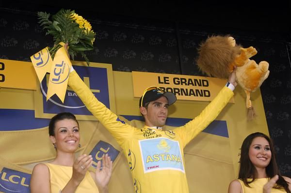 Alberto Contador exudes confidence on the podium.