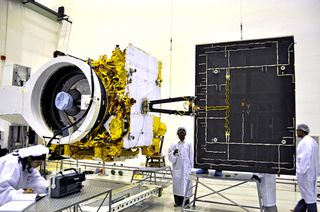 A look at India's communications satellite GSAT-12 as it appeared to engineers before its July 15, 2011 launch.