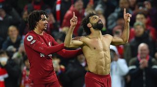 Liverpool&#039;s Mohamed Salah celebrates one of his goals in the 7-0 win over Manchester United at Anfield in March 2023.