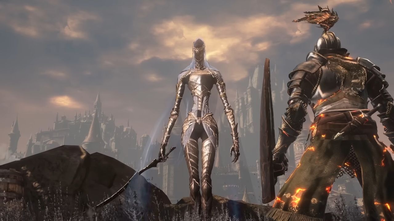 Knight approaching ethereal dancer standing before cliff