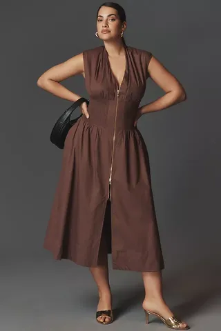 The Tommie Cap-Sleeve Smocked Front-Zip Shirt Dress