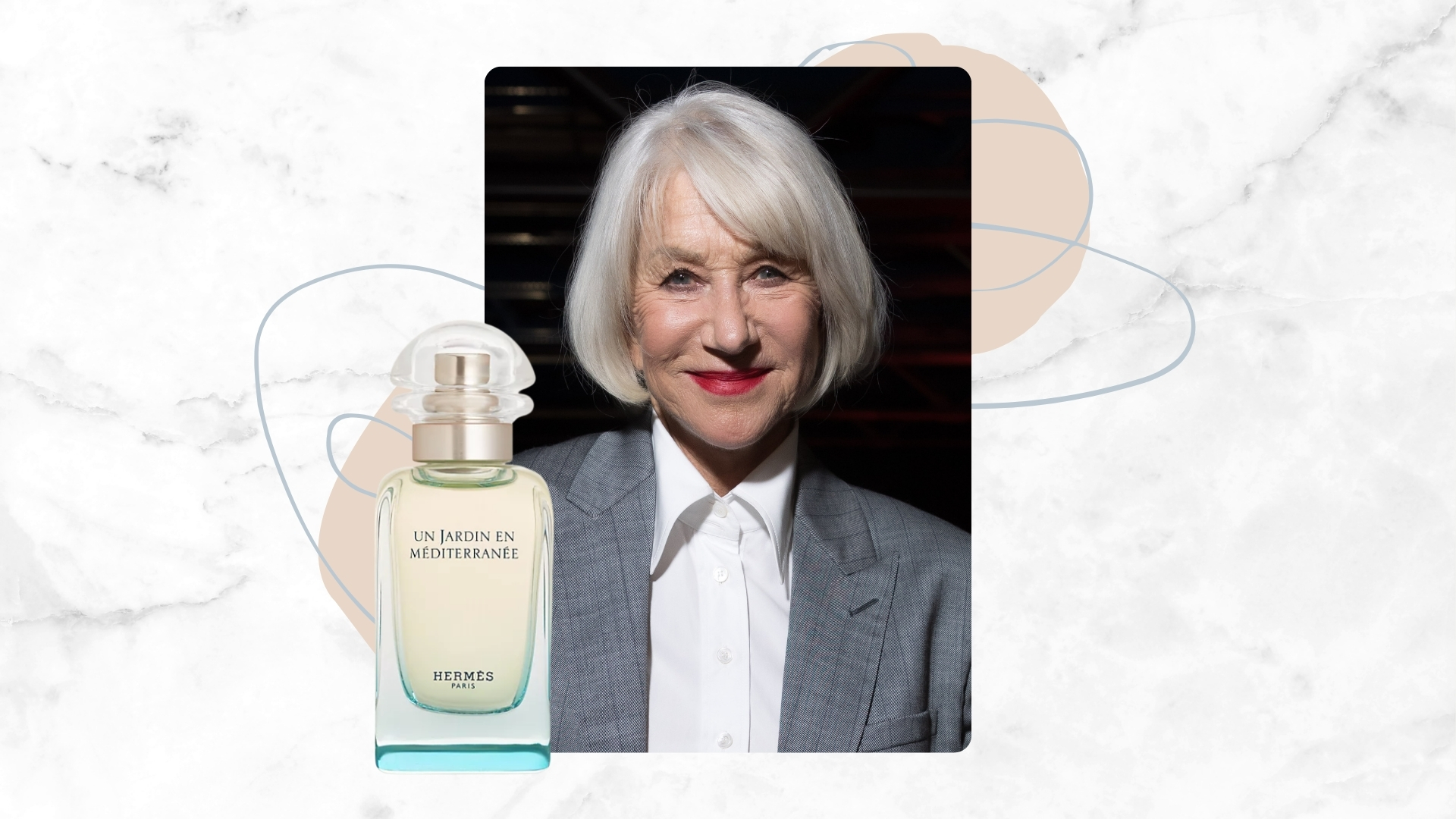 Dame Helen Mirren is pictured with a bob haircut and wearing red lipstick and a grey blazer and white shirt outfit whilst backstage after the Stella McCartney Womenswear Spring/Summer 2026 show as part of Paris Fashion Week on September 30, 2025 in Paris, France/ in a grey and white marble-effect template with a product shot of the Hermès Un Jardin en Méditerranée Eau de Toilette.