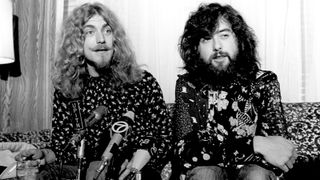 Singer Robert Plant and guitarist Jimmy Page of the rock band "Led Zeppelin" hold court at press conference before their show at the Forum on September 4, 1970 in Los Angeles, California.