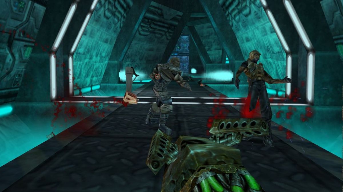 Armed shooting enemies in a blue room in Daikatana