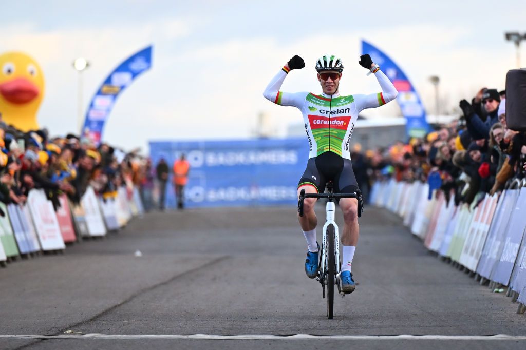 Laurens Sweeck celebrates at finish line as race winner during the 18th X2O Trofee Cyclocross Vlaamse Duinencross Koksijde 2025