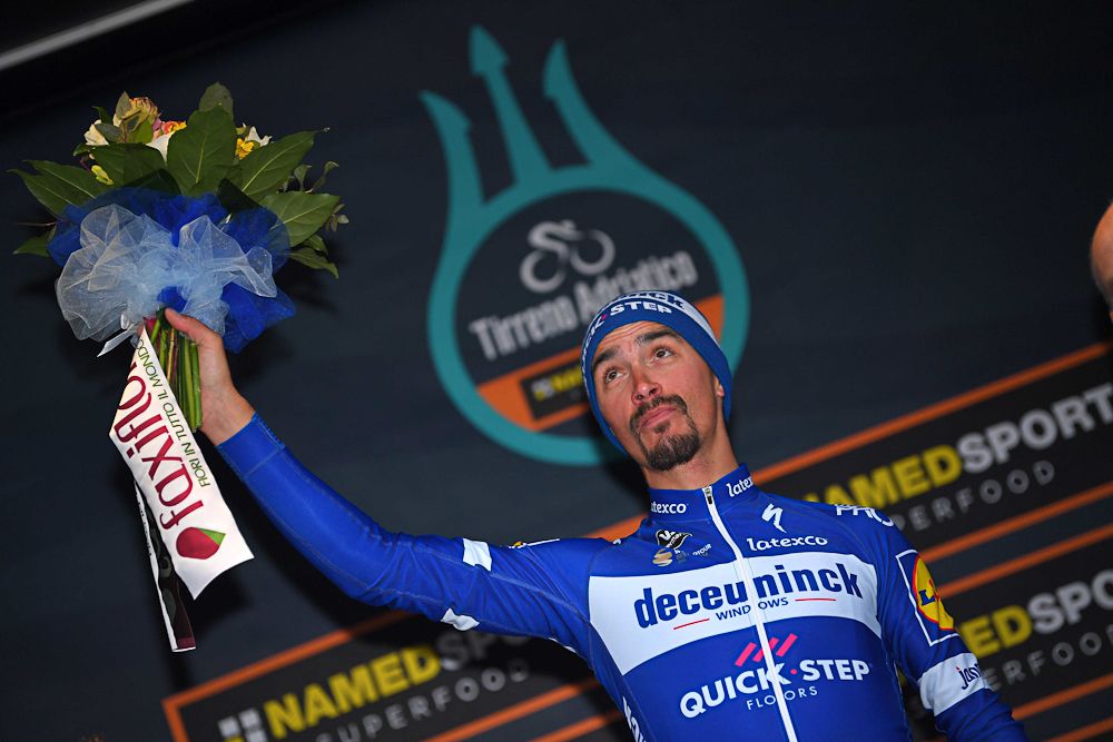 Julian Alaphilippe on the Tirreno-Adriatico podium after winning stage 6