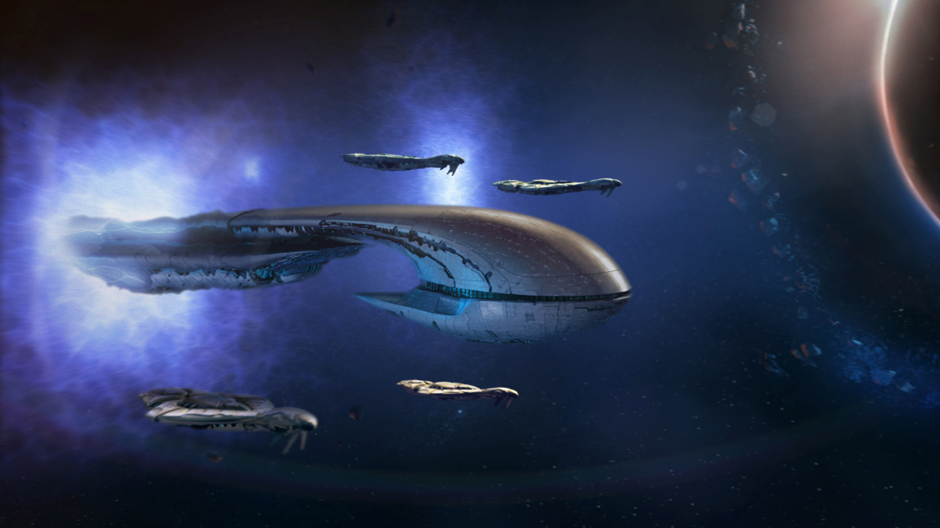 A convoy of alien ships fly in Halo: Spartan Assault during a training simulation for Spartans