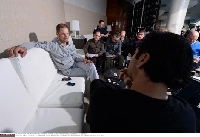 Tom Boonen speaks to the press during the Omega Pharma-QuickStep pre-season camp in Calpe