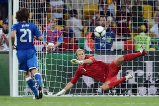 Andrea Pirlo beats Joe Hart with a Panenka penalty as Italy defeat England in a shootout in the quarter-finals of Euro 2012.