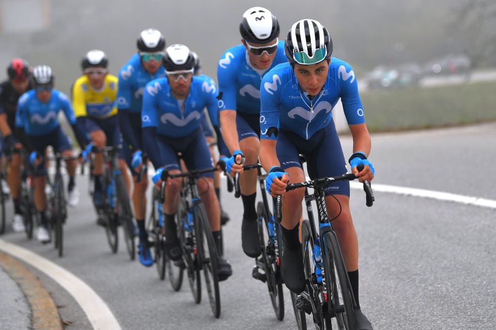 THYON 2000 LES COLLONS SWITZERLAND MAY 01 Johan Jacobs of Switzerland and Movistar Team leads The Peloton during the 74th Tour De Romandie 2021 Stage 4 a 1613km stage from Sion to Thyon 2000 Les Collons 2076m TDR2021 TDRnonstop UCIworldtour on May 01 2021 in Thyon 2000 Les Collons Switzerland Photo by Luc ClaessenGetty Images