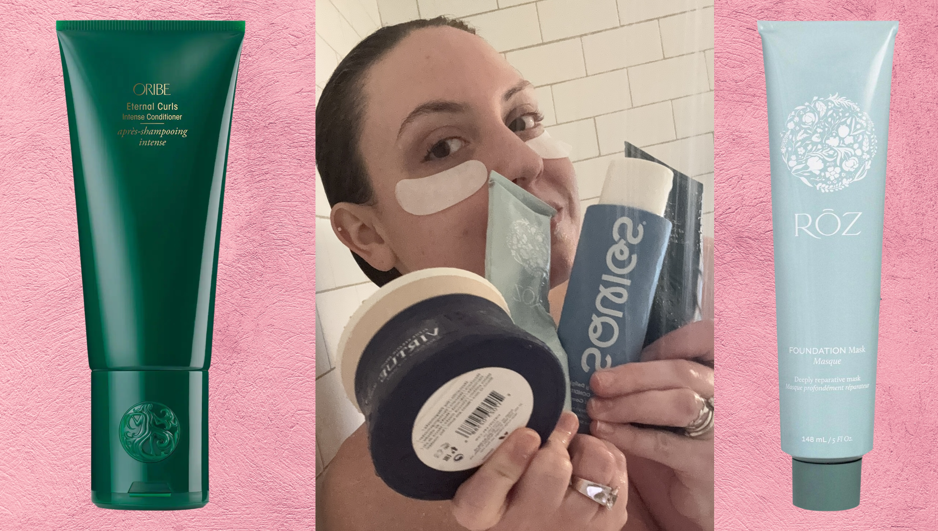 bottles of deep conditioners for fine hair on a pink background next to a woman wearing eye patches and holding bottles in her shower 