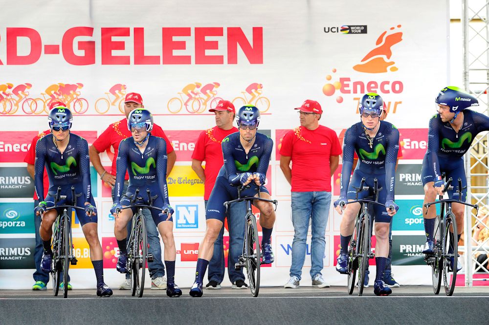 Movistar riders waiting for their start
