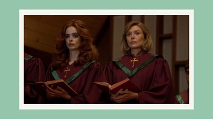 is Love & Death based on a true story? Pictured: Krysten Ritter and Elizabeth Olsen in church gear in HBO Max's Love & Death